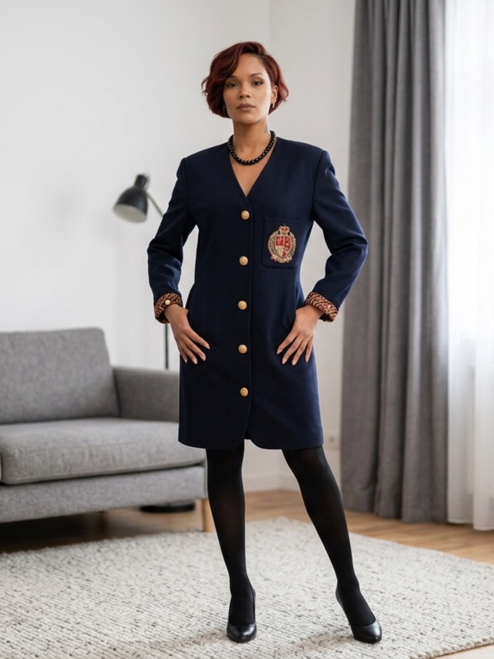 Navy Gold-Button Blazer Dress with Embroidered Crest Patch☑️